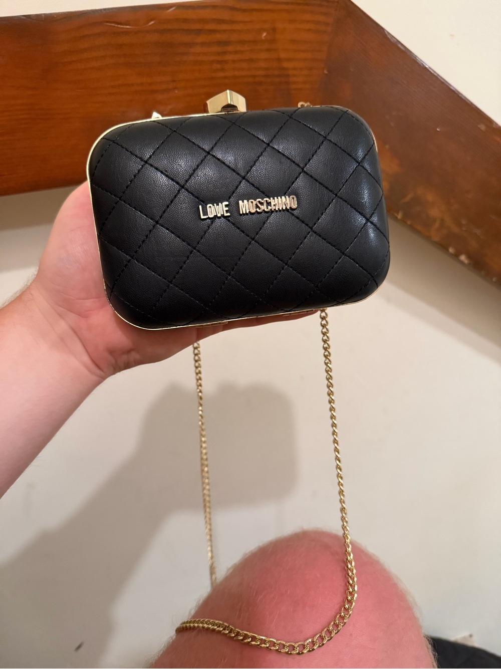 Love Moschino Black Quilted Mini Box Crossbody with Gold Chain